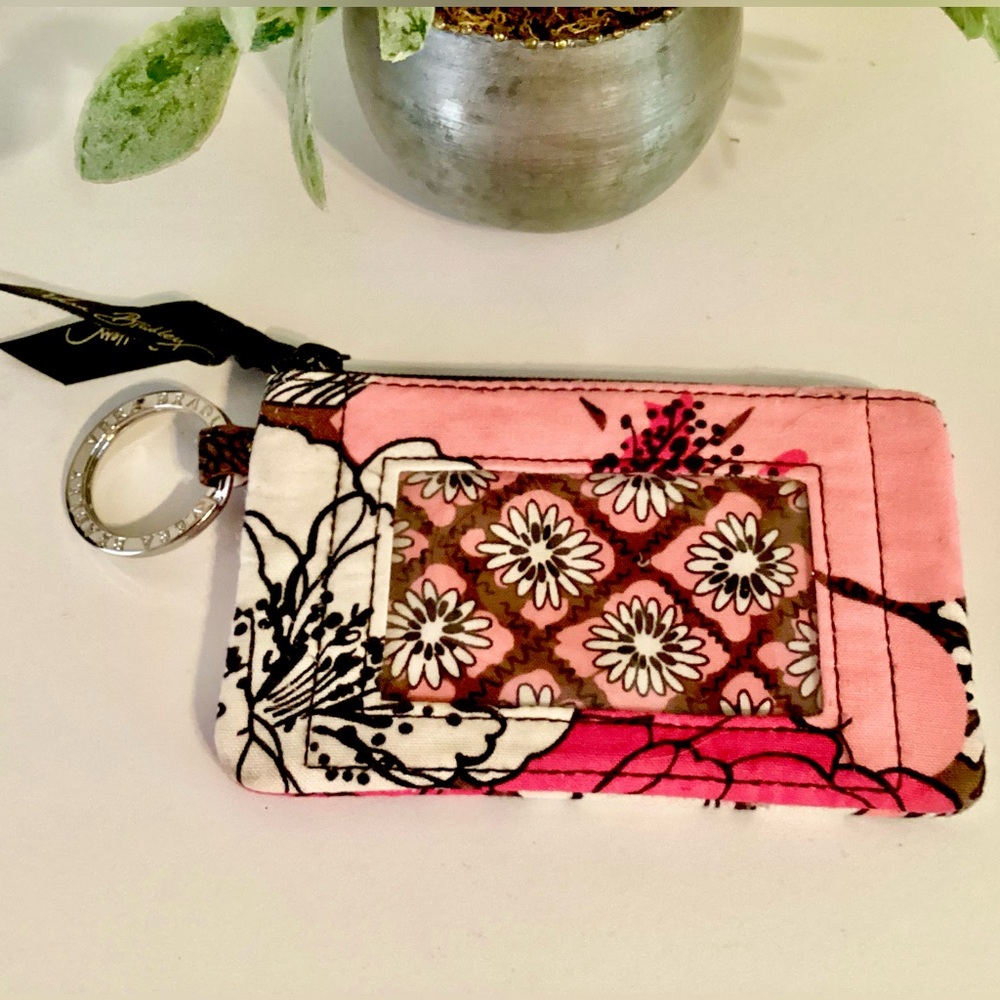 Vera Bradley Floral Quilted Card Holder Keychain Pink &  Black